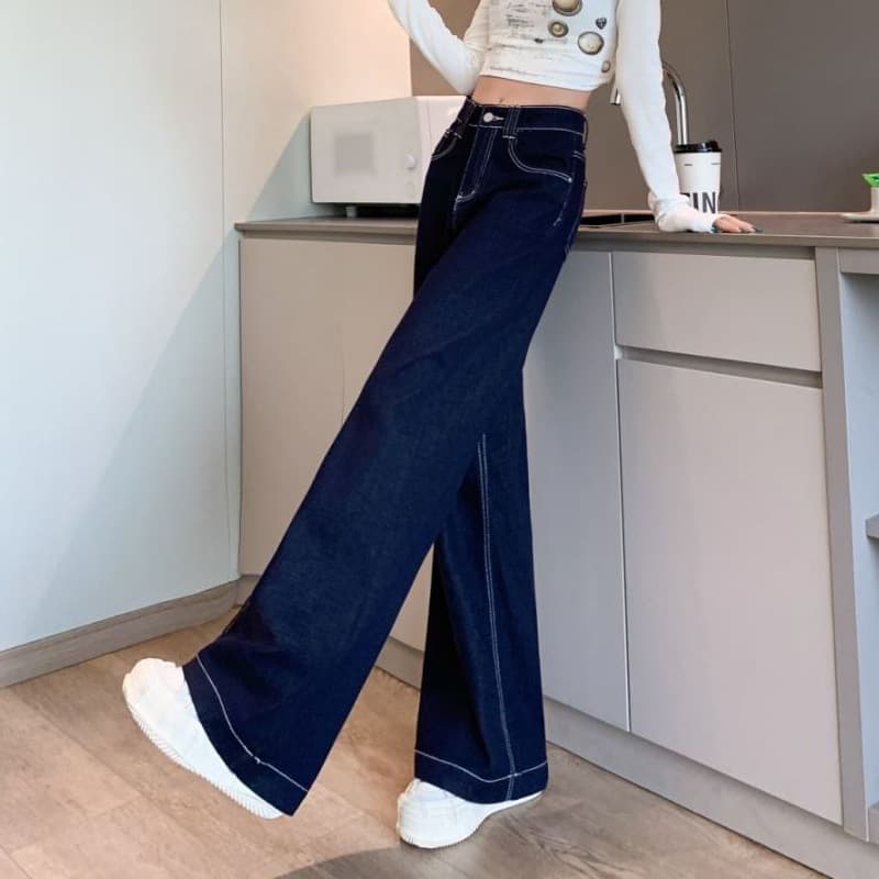 デニムワイドパンツ 韓国 ハイウエストデニムワイドストレートパンツ
