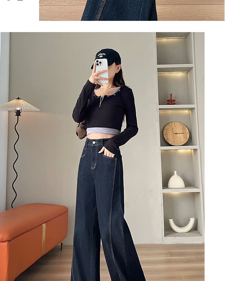 デニムワイドパンツ たっぷりシルエットハイウエストストレートパンツ