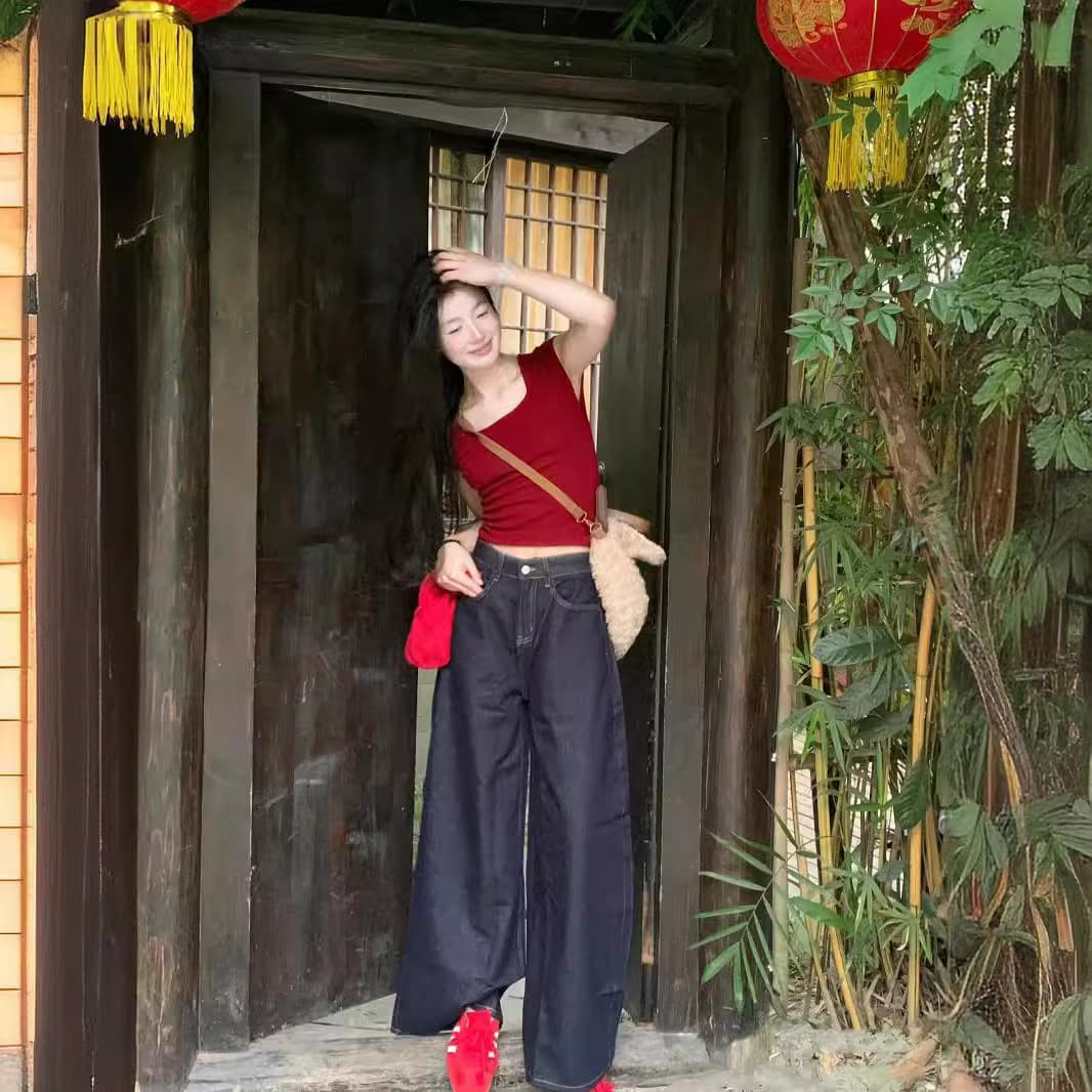 デニムワイドパンツ ワイドフレアタックデニムパンツ 裾広がりシルエット