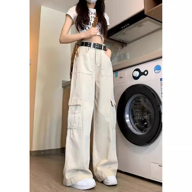 デニムワイドパンツ ミリタリーデザインワイドカーゴパンツ