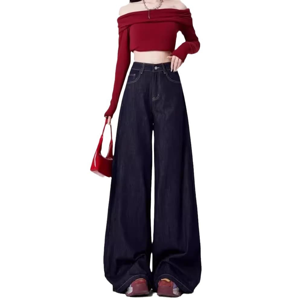 デニムワイドパンツ フィット感抜群美シルエットドレープハイウエストデニムパンツ