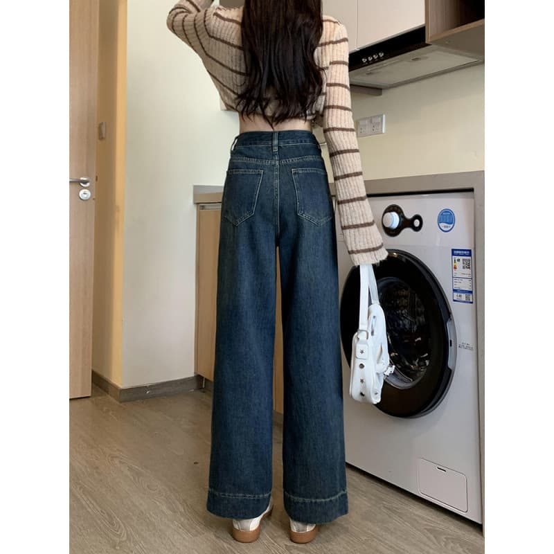 デニムワイドパンツ ハイウエスト 韓国 ワイドストレートデニム