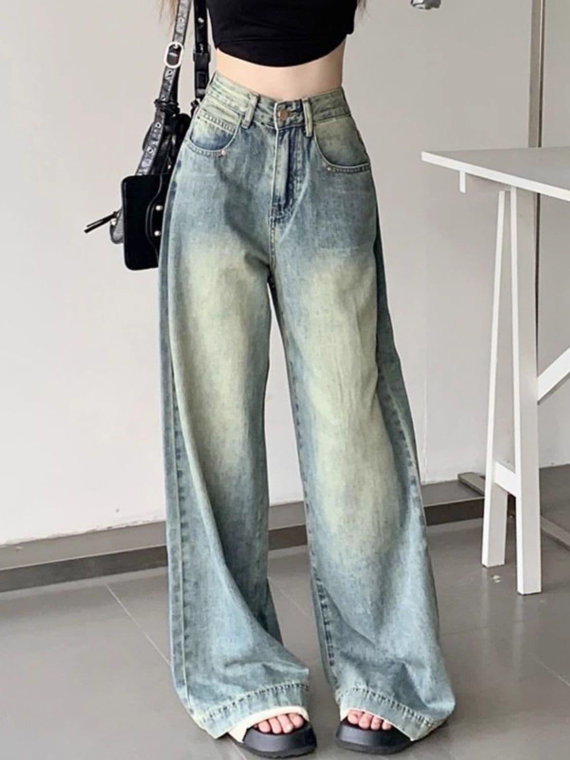 デニムワイドパンツ トレンド感溢れる幅広ロングタックデニムパンツ