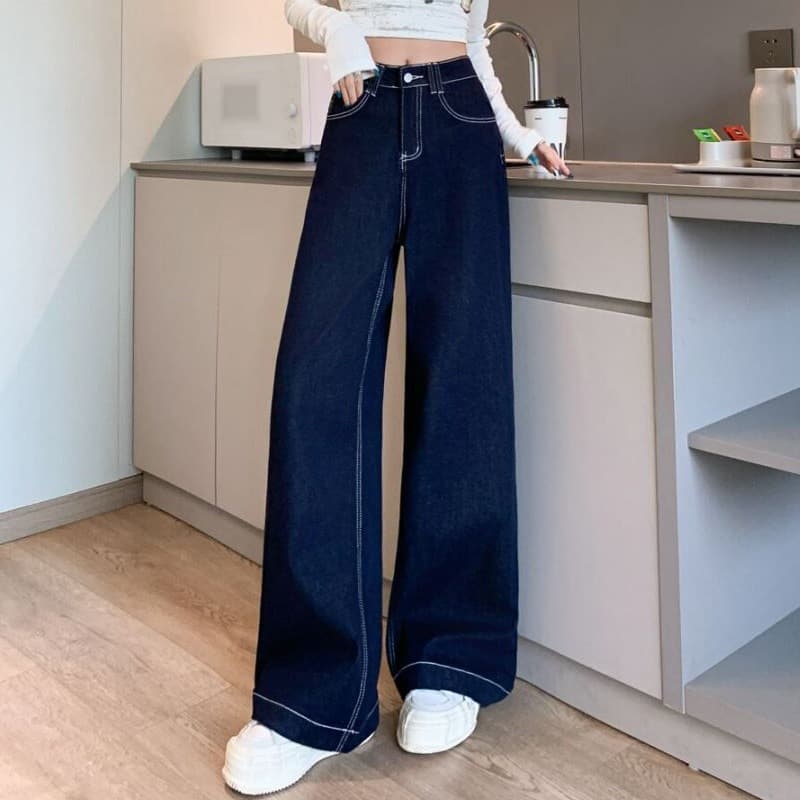 デニムワイドパンツ 韓国 ハイウエストデニムワイドストレートパンツ