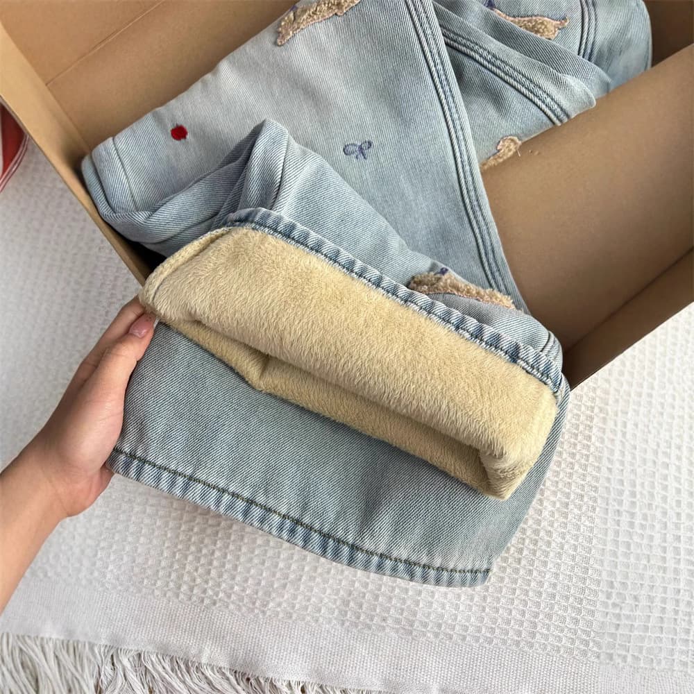 デニムワイドパンツ 冬用裏起毛デニムストレートワイドパンツ