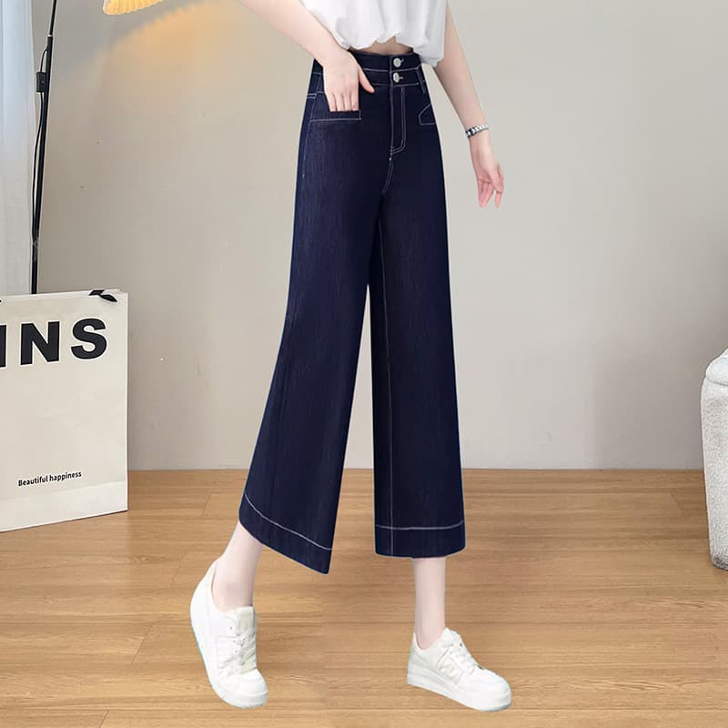 レトロスタイルハイウエストデニムワイドパンツ