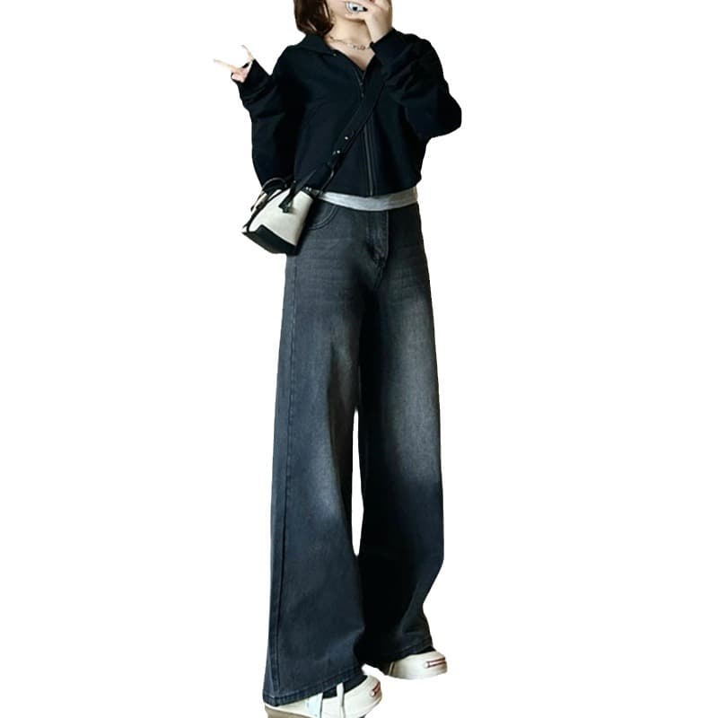 デニムワイドパンツ 韓国風デイリーハイウエストストレートデニム