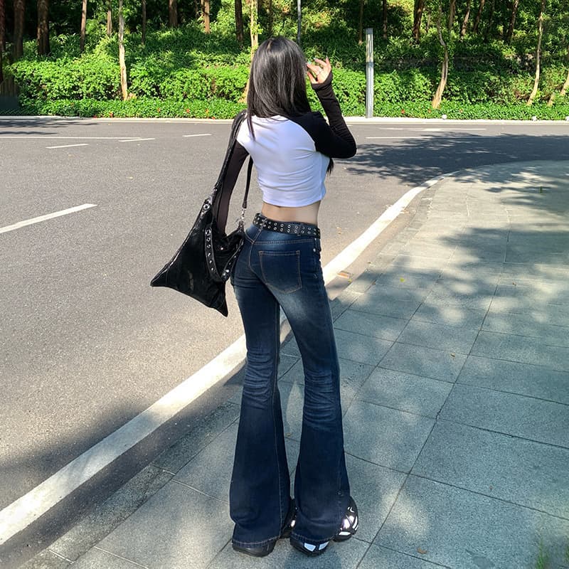 レトロ 美シルエット ハイウエストデニムワイドパンツ