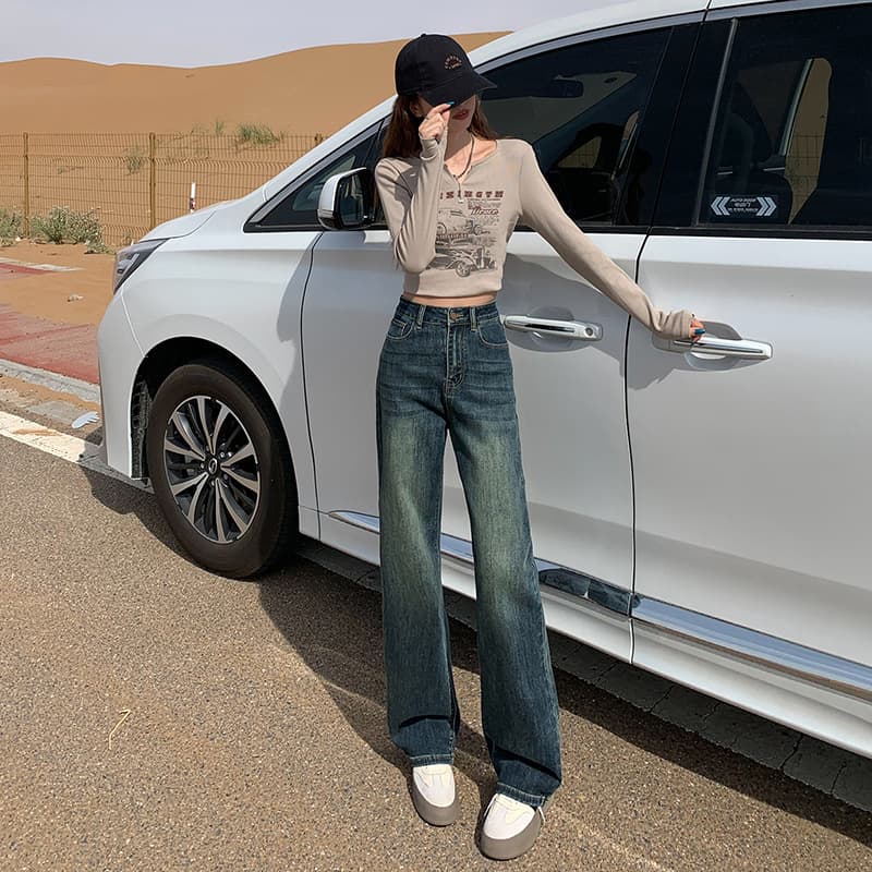 デニムワイドパンツ 韓国ハイウエストワイドデニムパンツ