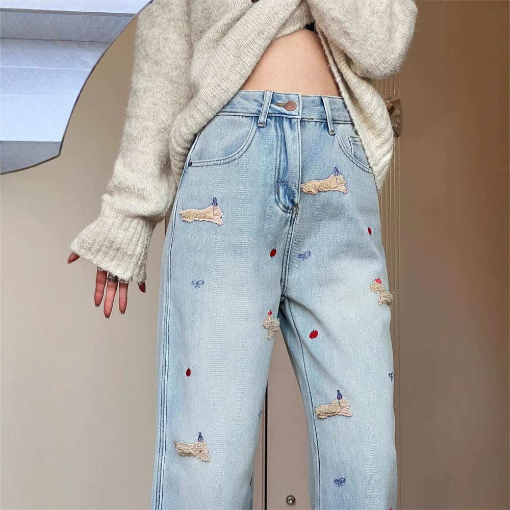 デニムワイドパンツ 冬季 うさぎと小花刺繍のもこもこデニム