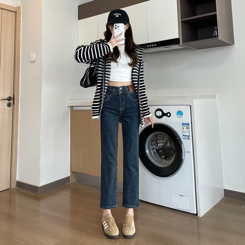 デニムワイドパンツ レディース レトロ感漂うすっきりストレートジーンズ