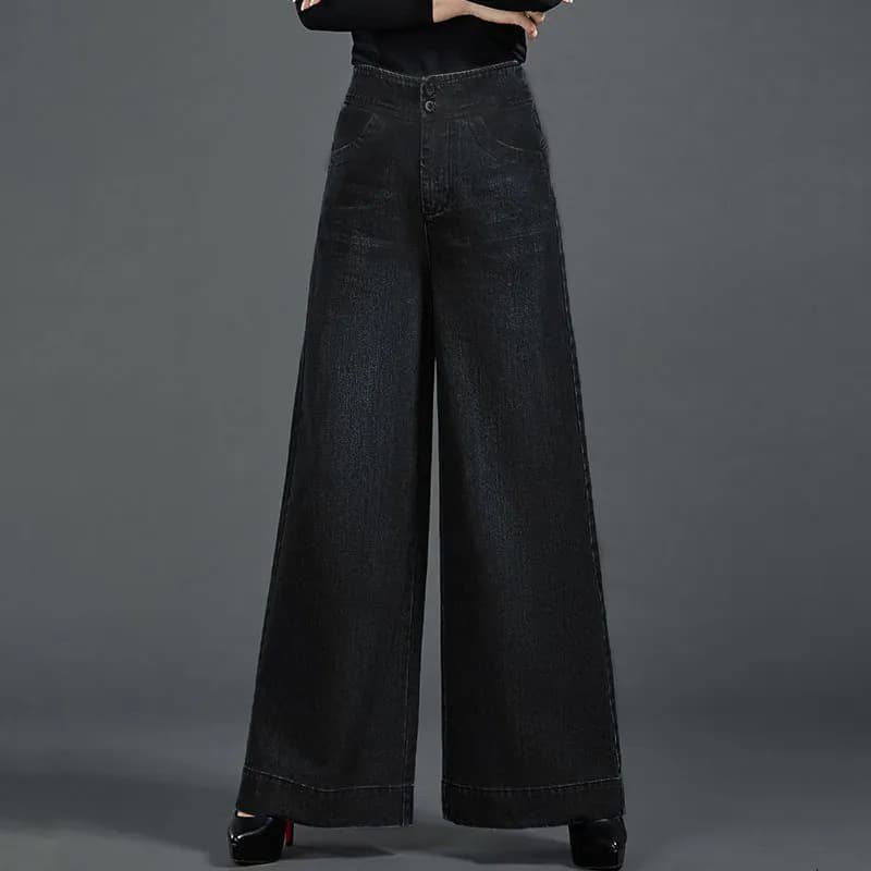 ハイウエスト幅広デニムワイドパンツ