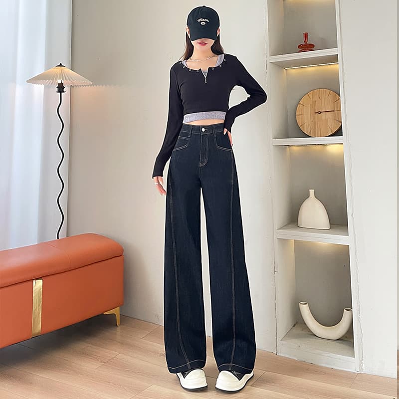 デニムワイドパンツ たっぷりシルエットハイウエストストレートパンツ