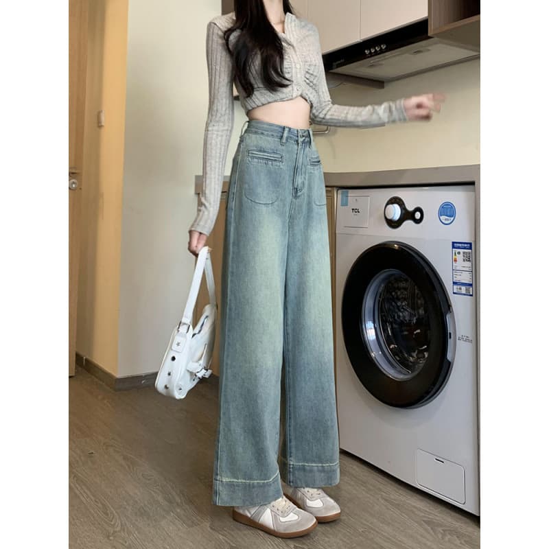 デニムワイドパンツ ハイウエスト 韓国 ワイドストレートデニム