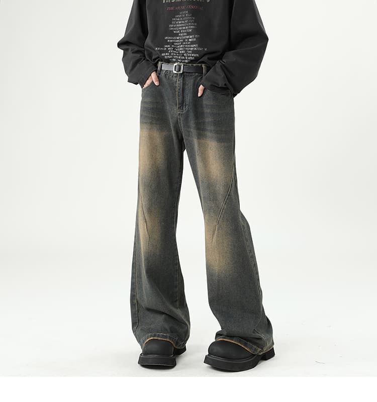 デニムワイドパンツ ヴィンテージ加工ドレープワイドフレアパンツ