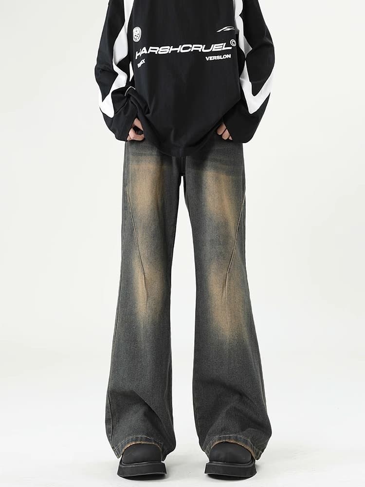 デニムワイドパンツ ヴィンテージ加工ドレープワイドフレアパンツ