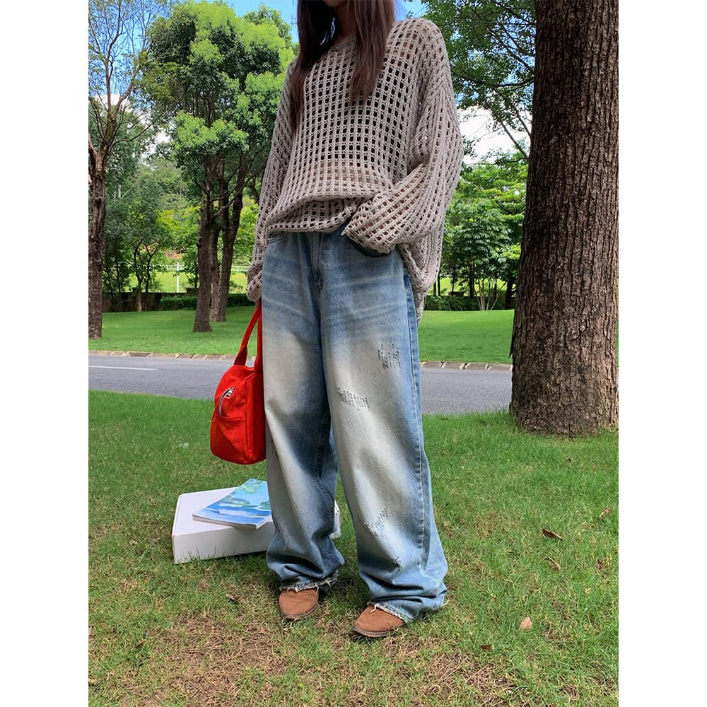 デニムワイドパンツ ヴィンテージ加工デニム ワイド ストレート