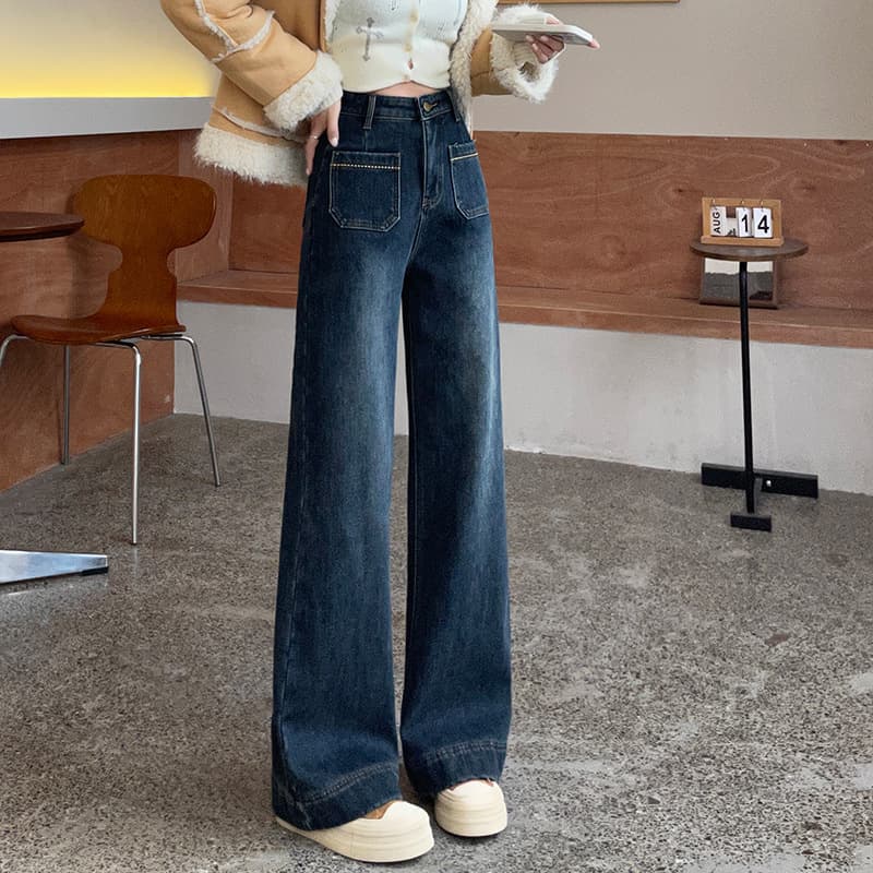 デニムワイドパンツ レトロワイドデニムパンツ 切替フロント