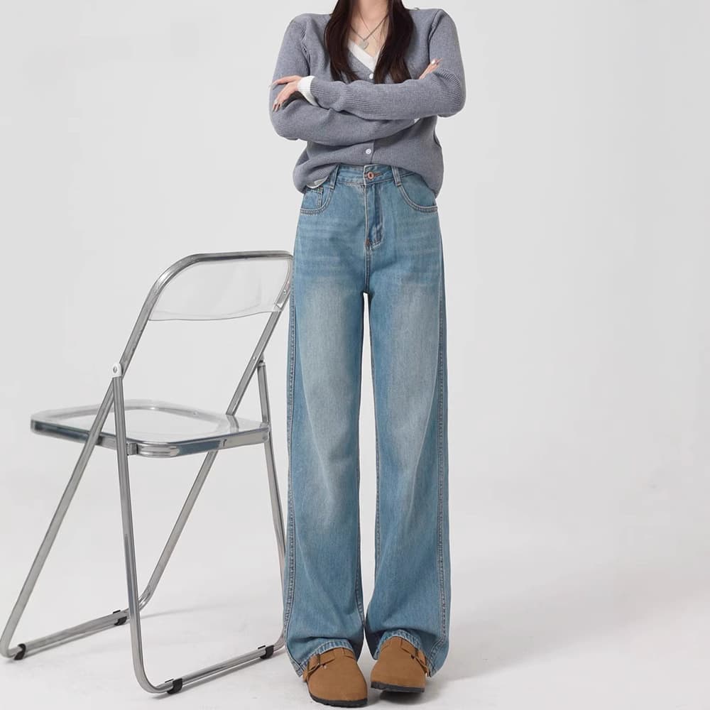 デニムワイドパンツ レディース リラックスストレートジーンズ