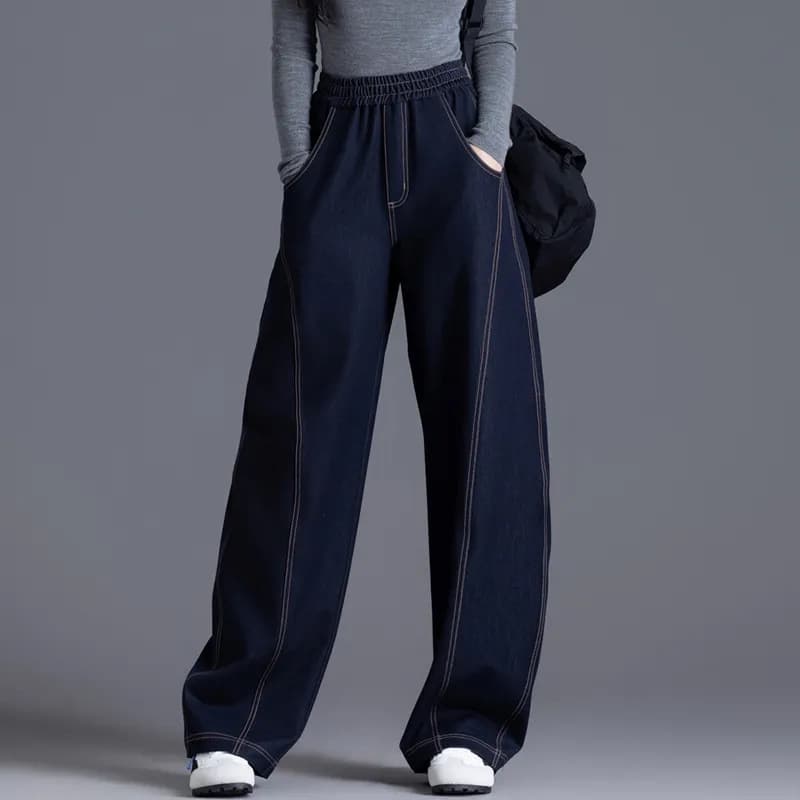 デニムワイドパンツ ウエストゴム入りデニムゆったり幅広パンツ