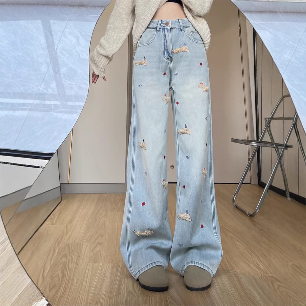 デニムワイドパンツ 冬季 うさぎと小花刺繍のもこもこデニム