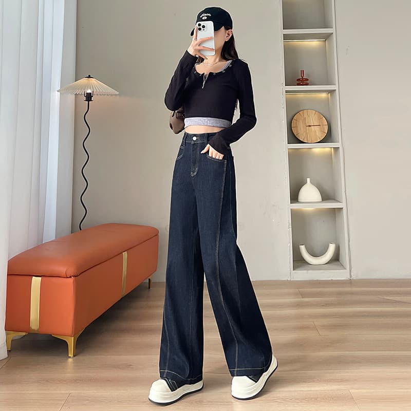 デニムワイドパンツ たっぷりシルエットハイウエストストレートパンツ