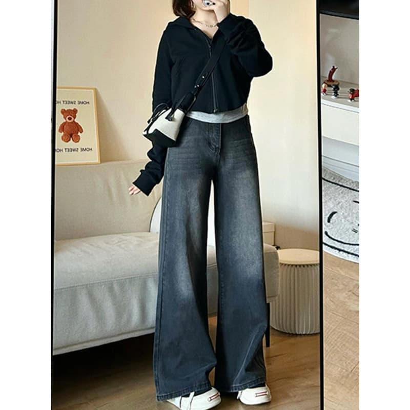 デニムワイドパンツ 韓国風デイリーハイウエストストレートデニム