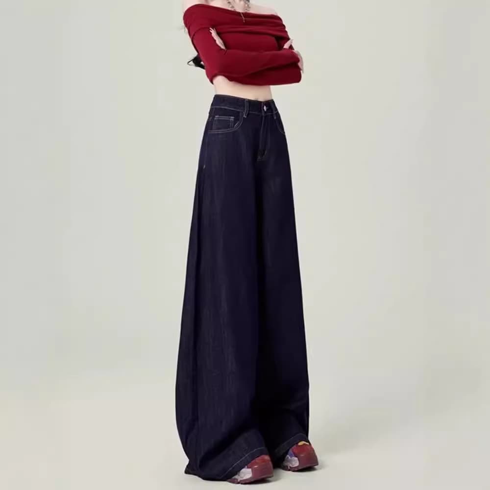 デニムワイドパンツ フィット感抜群美シルエットドレープハイウエストデニムパンツ