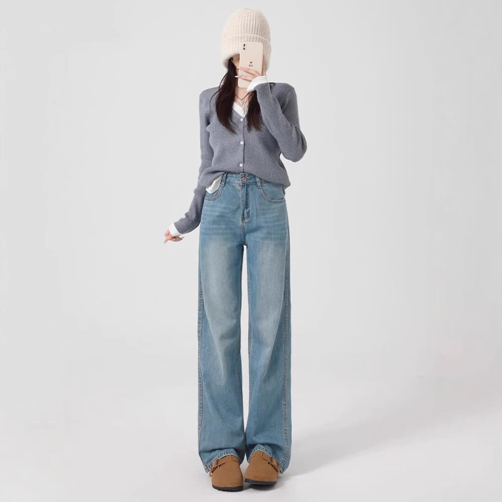 デニムワイドパンツ レディース リラックスストレートジーンズ