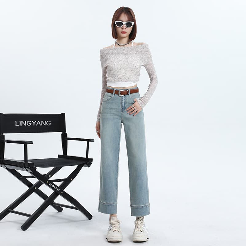 クロップド丈デニムワイドパンツ