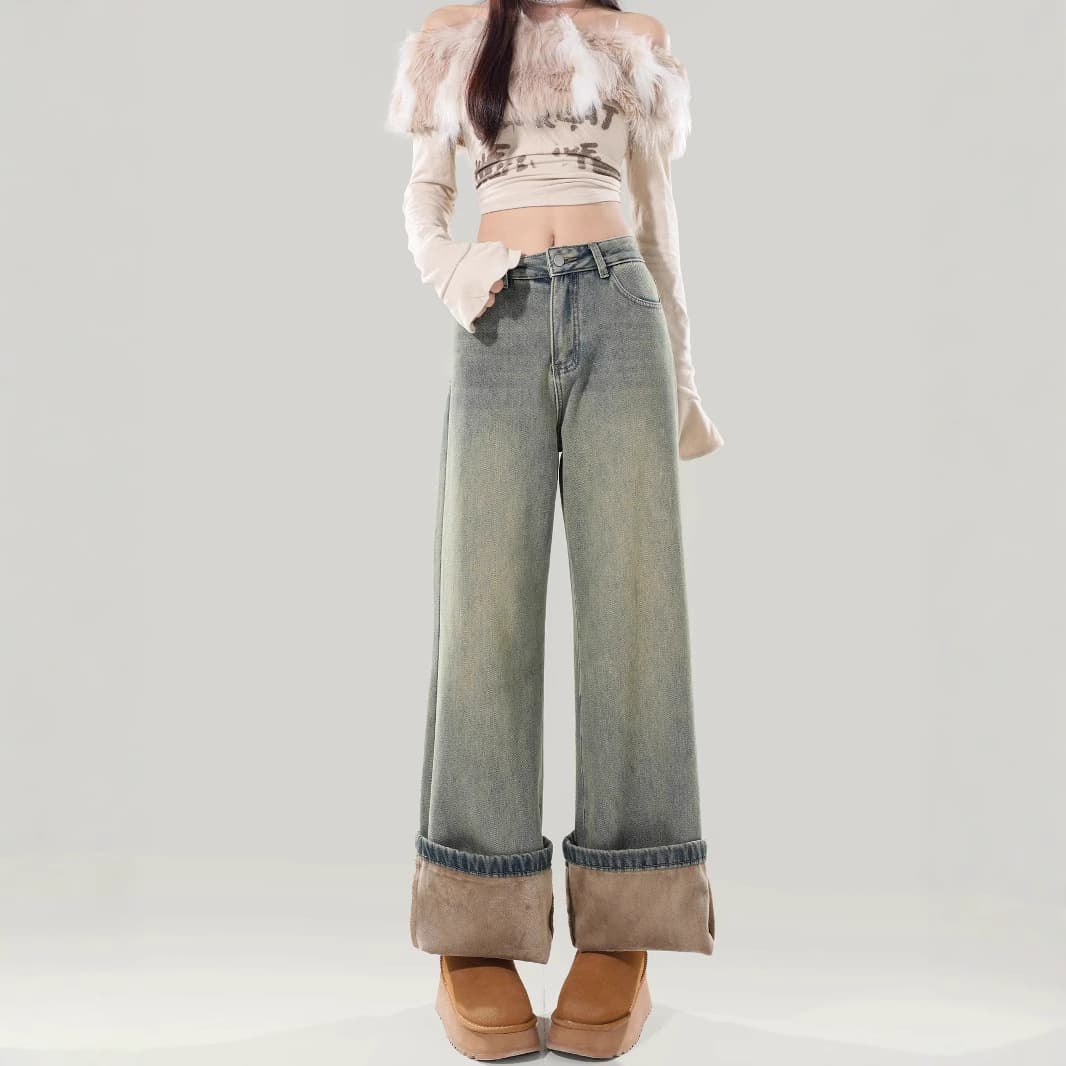 デニムワイドパンツ フワモコ装飾 韓国 ハイウエストデニムワイド