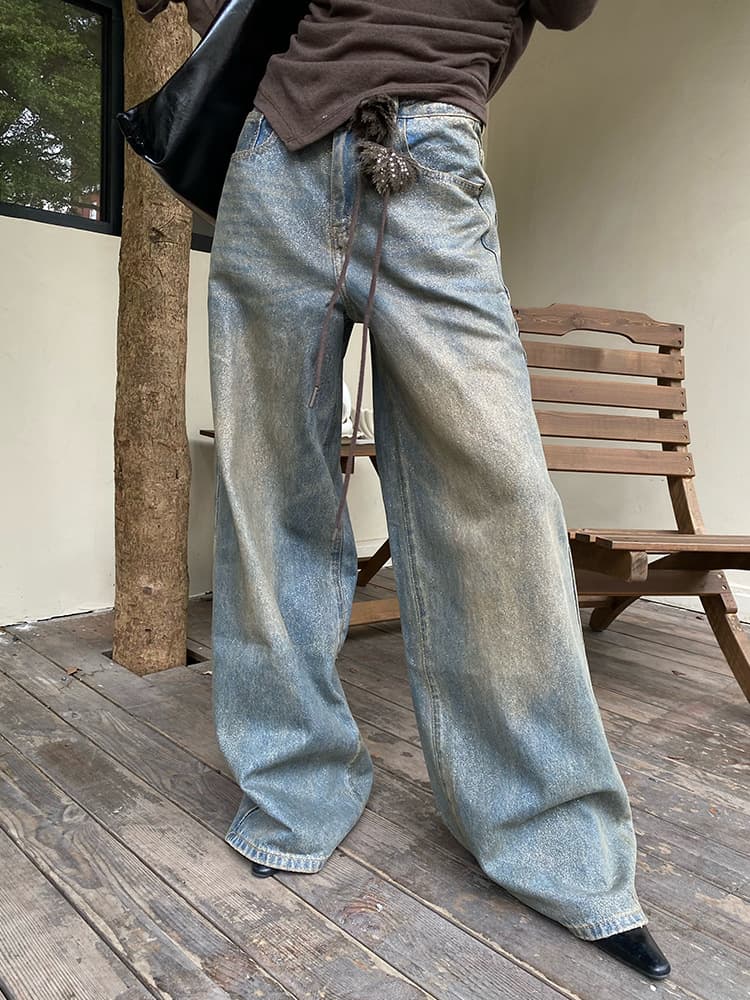 デニムワイドパンツ ダメージ加工ワイドストレートデニム