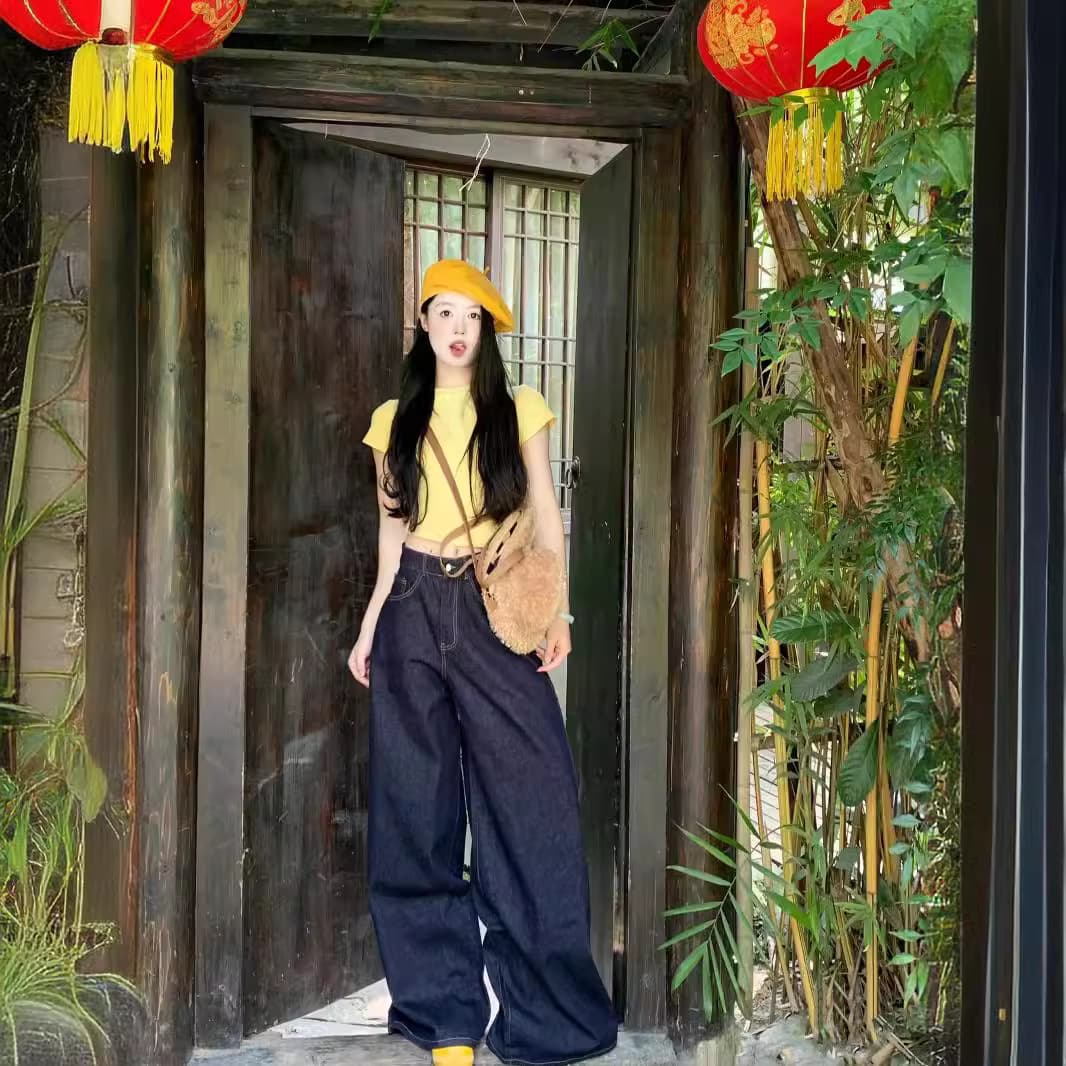 デニムワイドパンツ ワイドフレアタックデニムパンツ 裾広がりシルエット