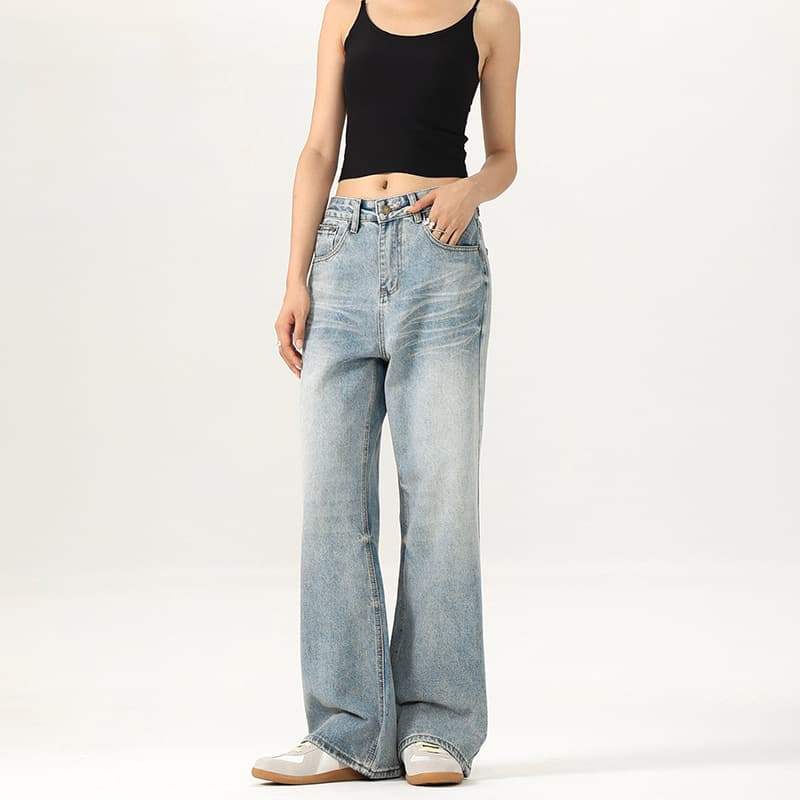 デニムワイドパンツ レディースゆったり幅広ワイドストレートジーンズ