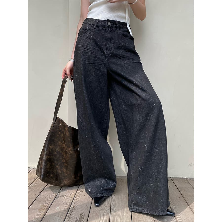 デニムワイドパンツ ダメージ加工ワイドストレートデニム