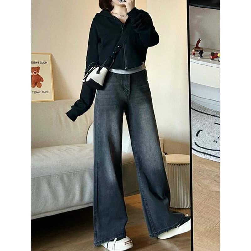 デニムワイドパンツ 韓国風デイリーハイウエストストレートデニム