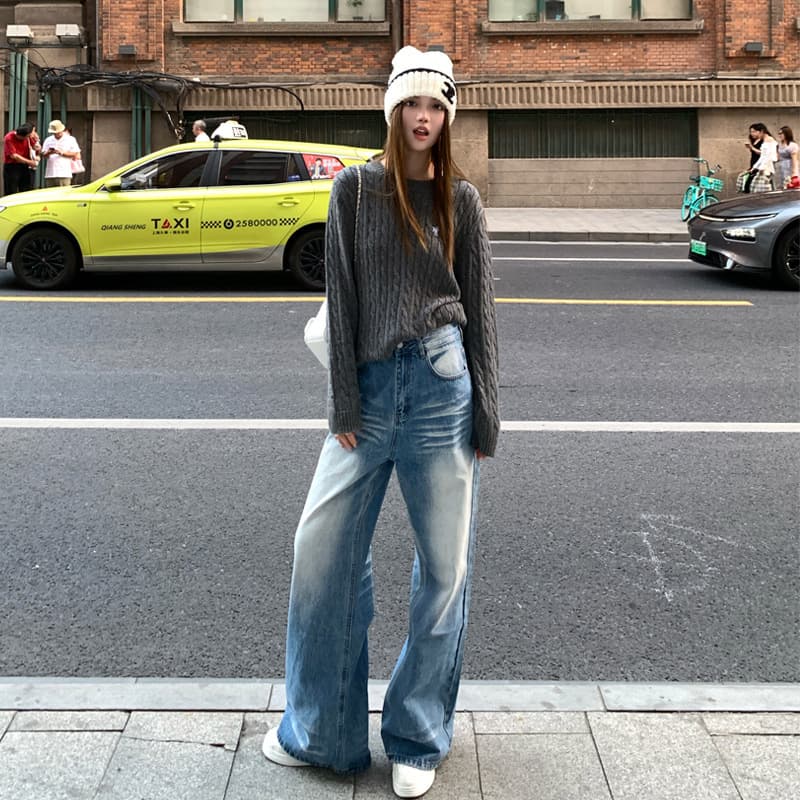 美シルエット ヴィンテージ風ハイウエストデニムワイドパンツ