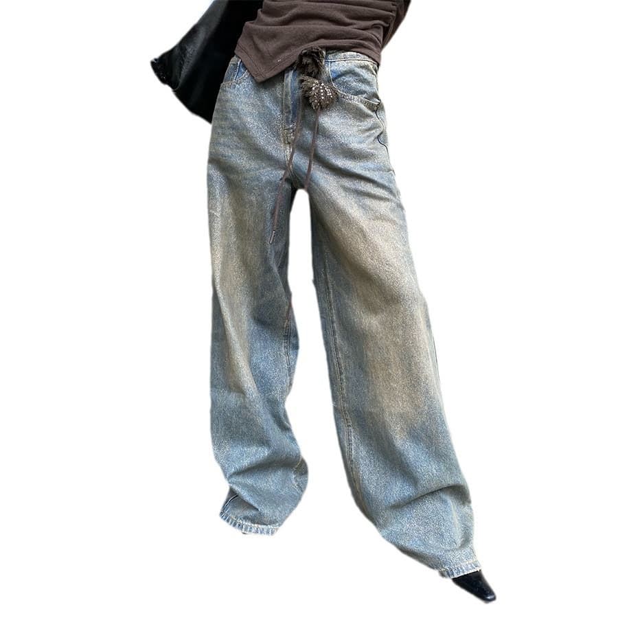 デニムワイドパンツ ダメージ加工ワイドストレートデニム