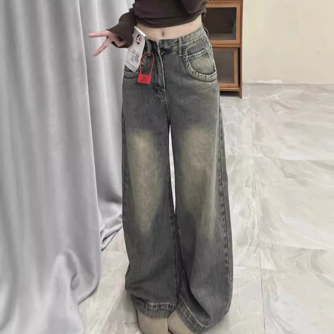 ゆったり幅広デニムワイドパンツ ウォッシュ加工