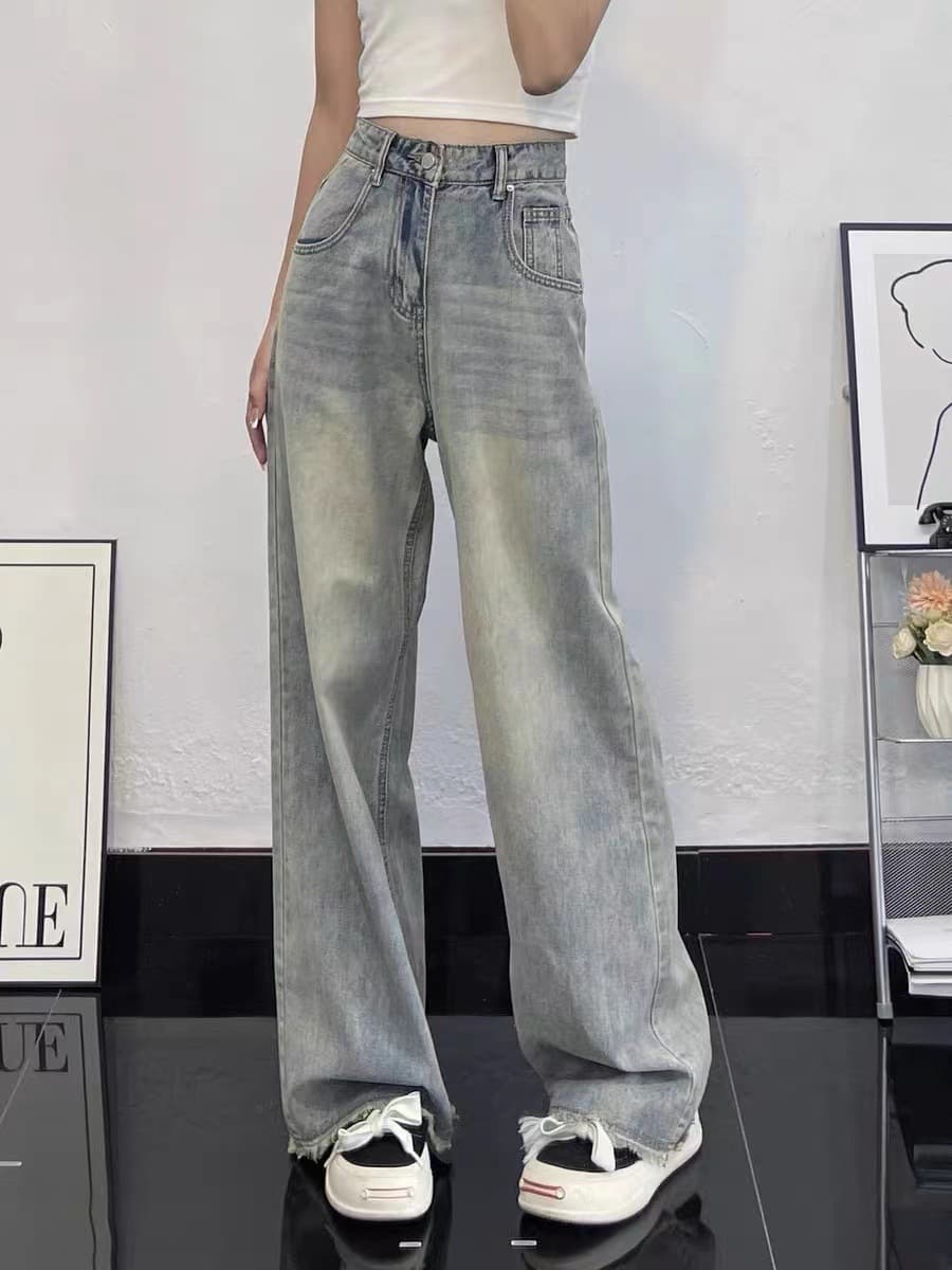 デニムワイドパンツ ヴィンテージ加工美シルエット ハイウエストデニムワイドストレート