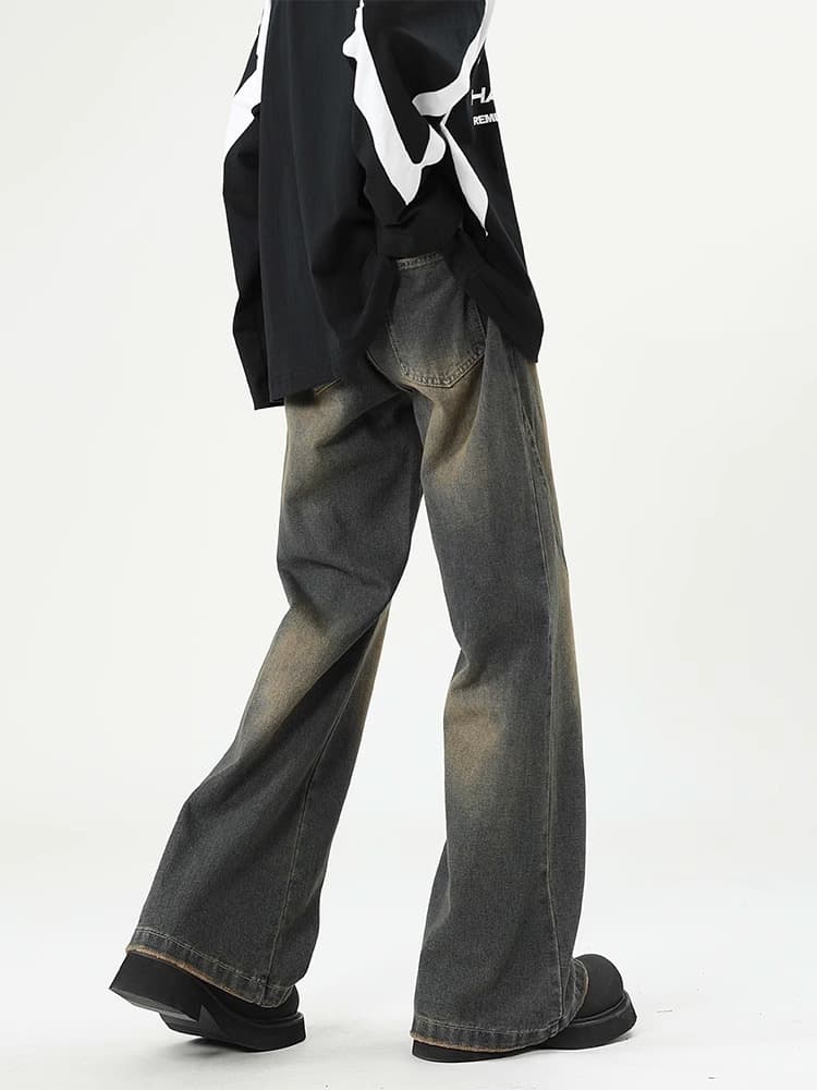 デニムワイドパンツ ヴィンテージ加工ドレープワイドフレアパンツ