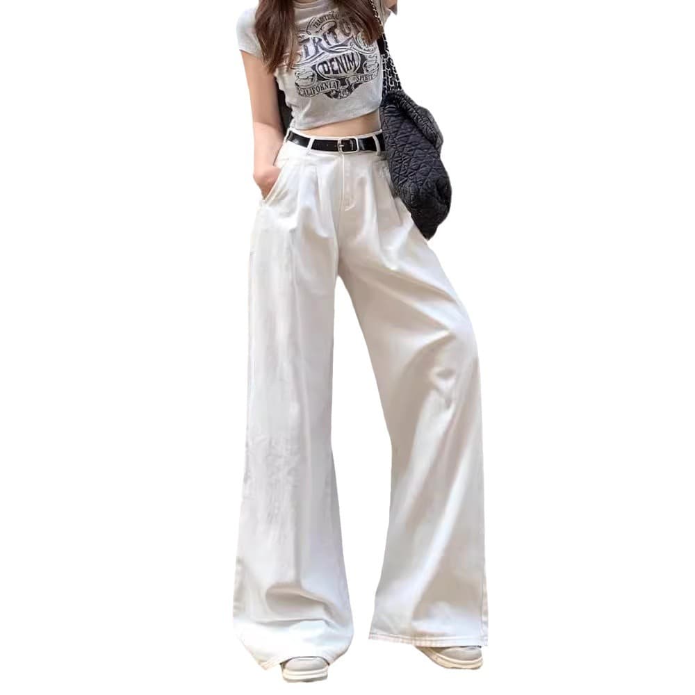 ゆったり幅広ハイウエストタックデニムワイドパンツ