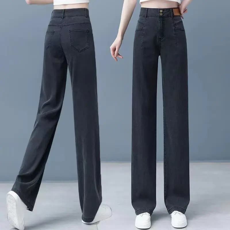 デニムワイドパンツ すっきりストレートシルエット レディースジーンズ