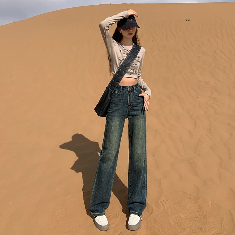 デニムワイドパンツ 韓国ハイウエストワイドデニムパンツ