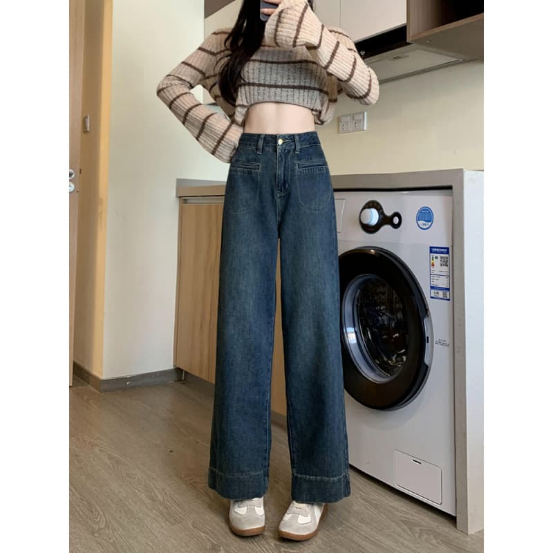 デニムワイドパンツ ハイウエスト 韓国 ワイドストレートデニム