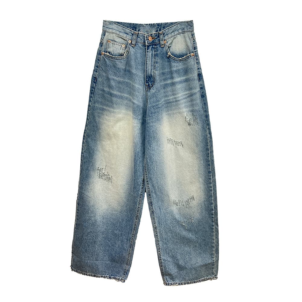 デニムワイドパンツ ヴィンテージ加工デニム ワイド ストレート