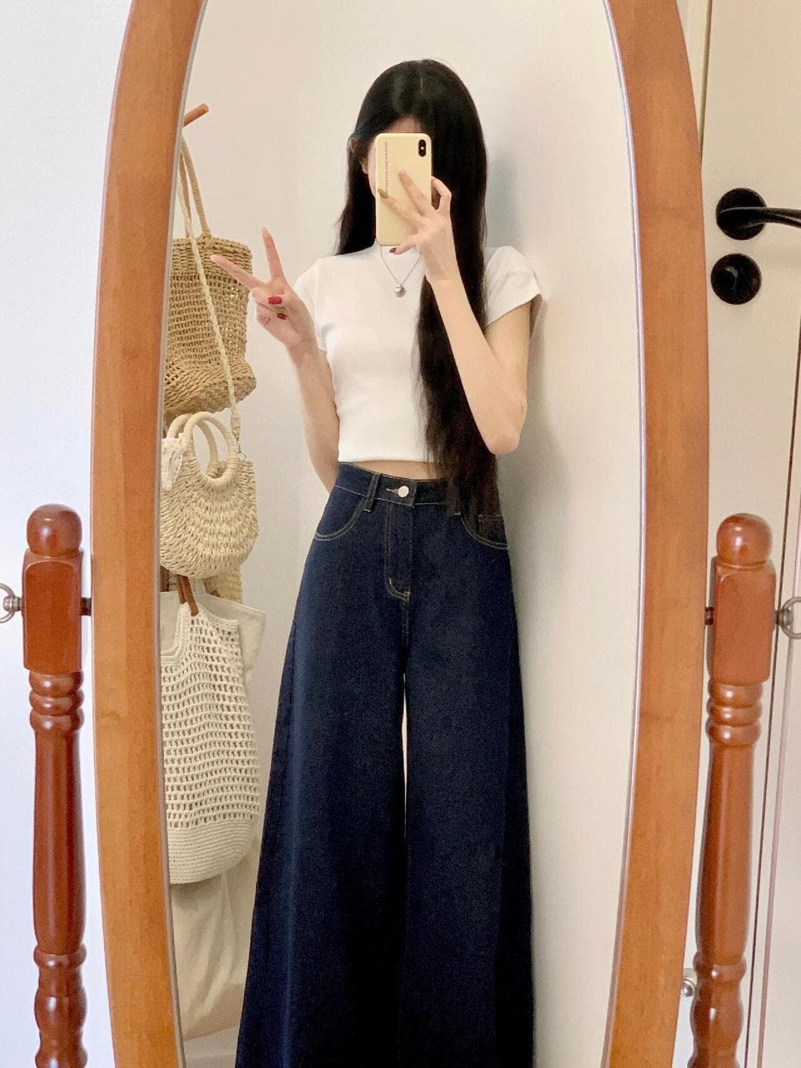 デニムワイドパンツ 韓国 美脚シルエットハイウエストフレアデニム