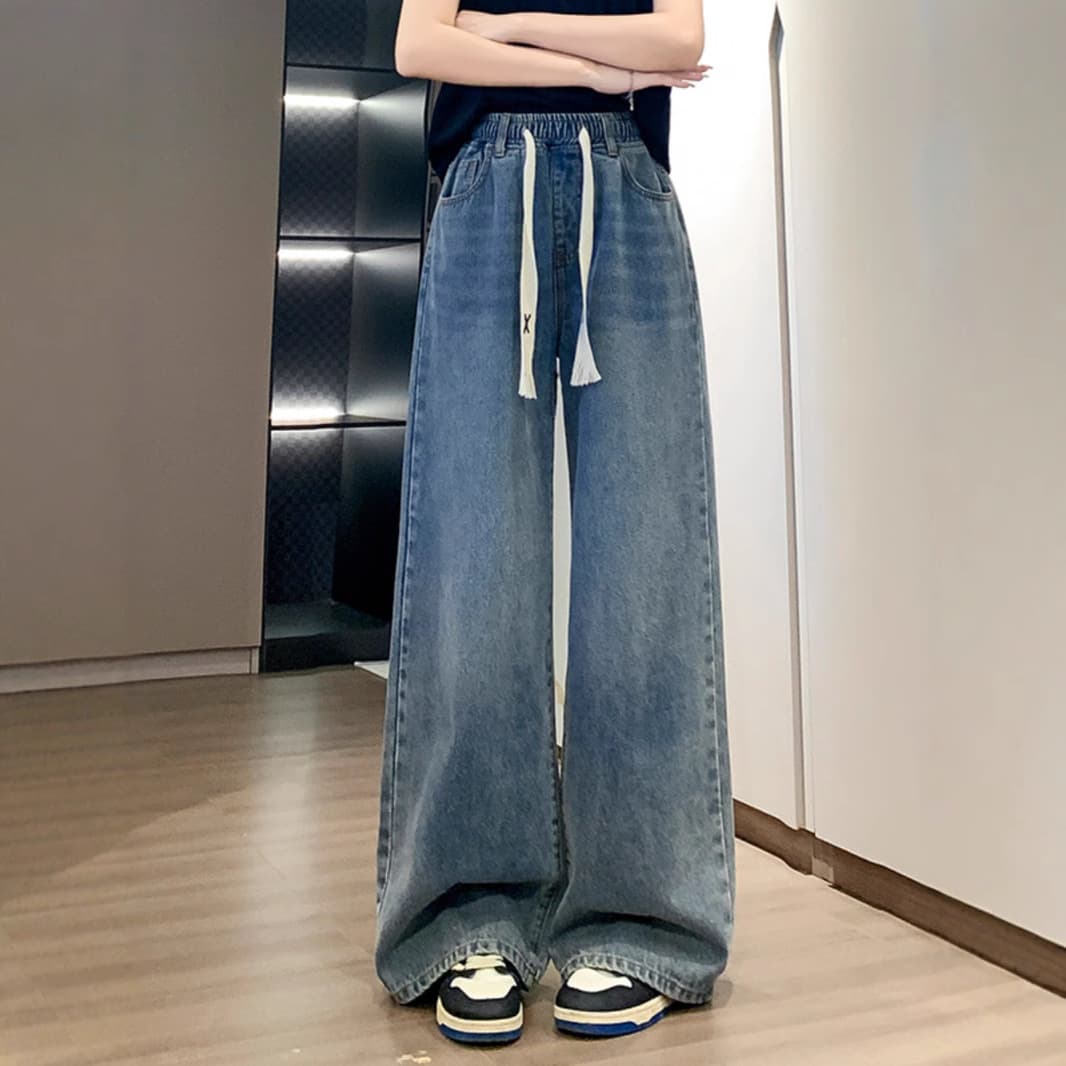 ゆったりデニムワイドパンツ 紐付きストレート