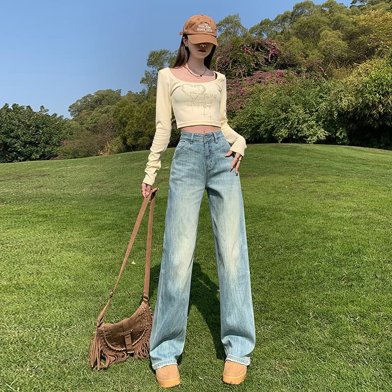 デニムワイドパンツ ビンテージ調美シルエットハイウエストワイドパンツ