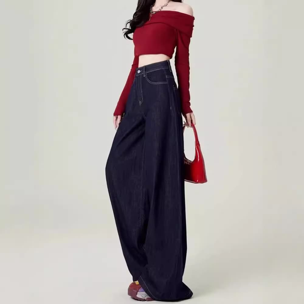 デニムワイドパンツ フィット感抜群美シルエットドレープハイウエストデニムパンツ